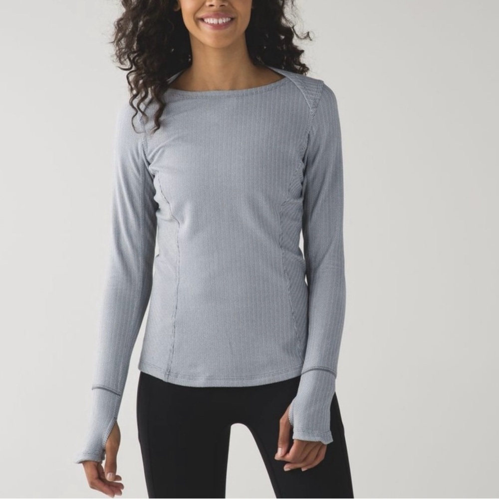 Lululemon Kanto Catch Me LS Running Top Heathered Slate White Herringbone Size 6